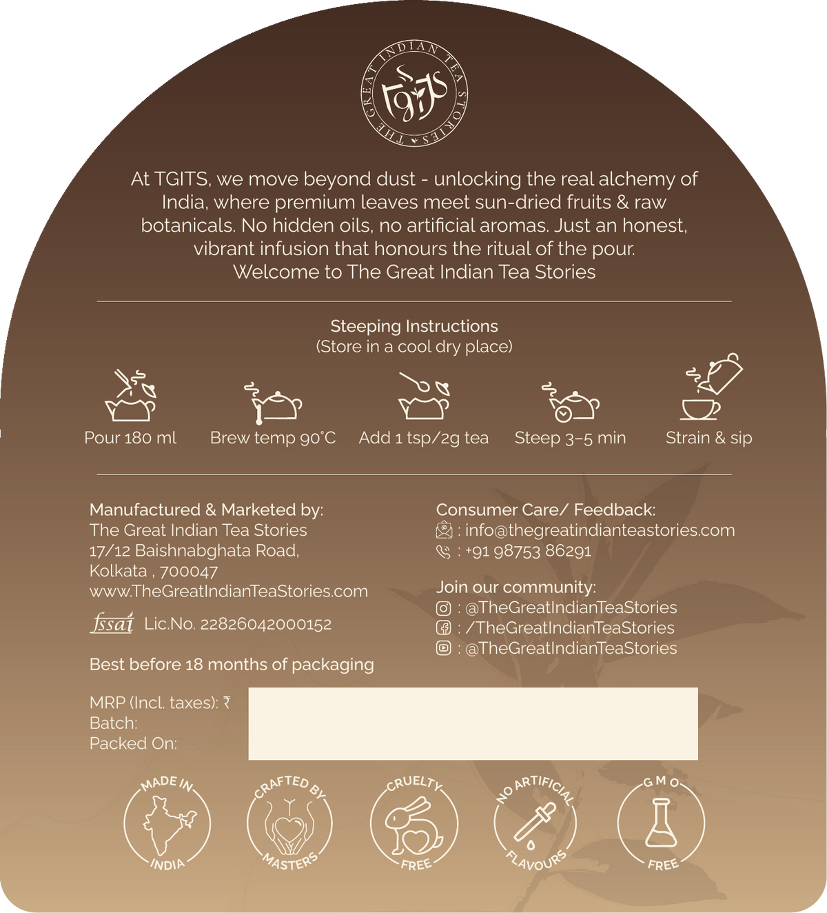 Back of Summer Rhapsody Darjeeling Second Flush tea pouch with product and brewing information