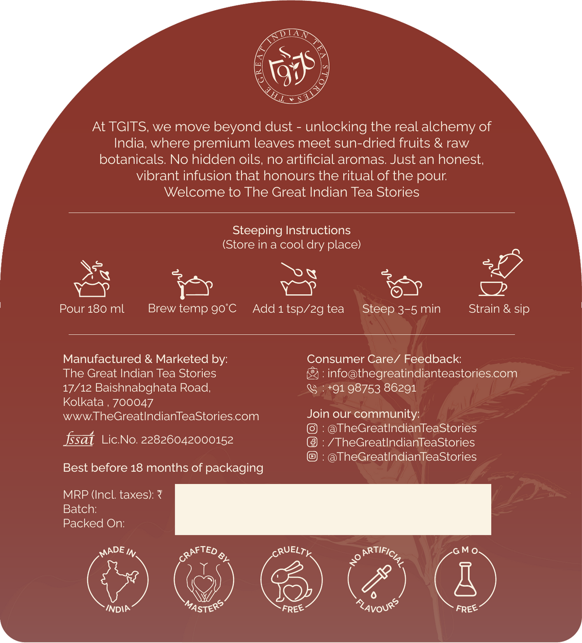 Back of The Bold Ritual OG Kadak Chai pouch with product and brewing information